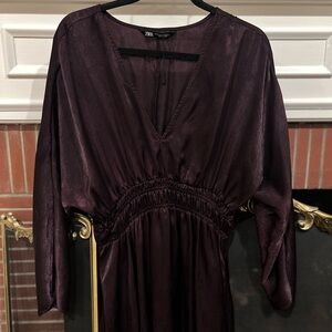 Zara Purple Satin V-neck Plunge Midi Dress